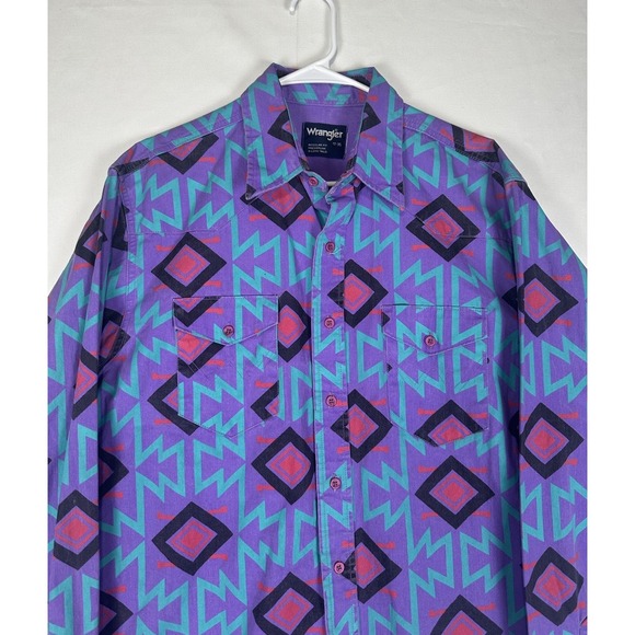 VTG Wrangler Brushpopper Shirt Mens XL 17-35 Western Rodeo Aztec 90s Teal Purple